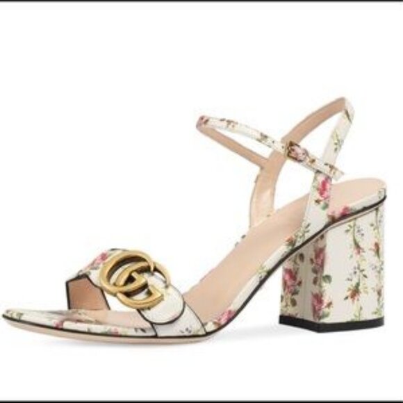 Authentic Gucci Marmont Ivory Floral Scallop Strap Leather Sandal 38.5 US/8.5 - Picture 2 of 16